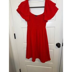 Timing Small Red Ruffle Flirty Sleeve Dress  Mini Smocked Bodice Off Shoulder